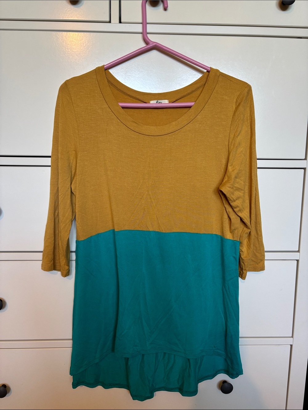 Women's Colorblock Scoop Neck Long Sleeve Top - Mustard and Teal